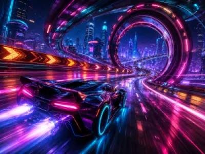 Futurista neon versenyautó városi pályán egérpad