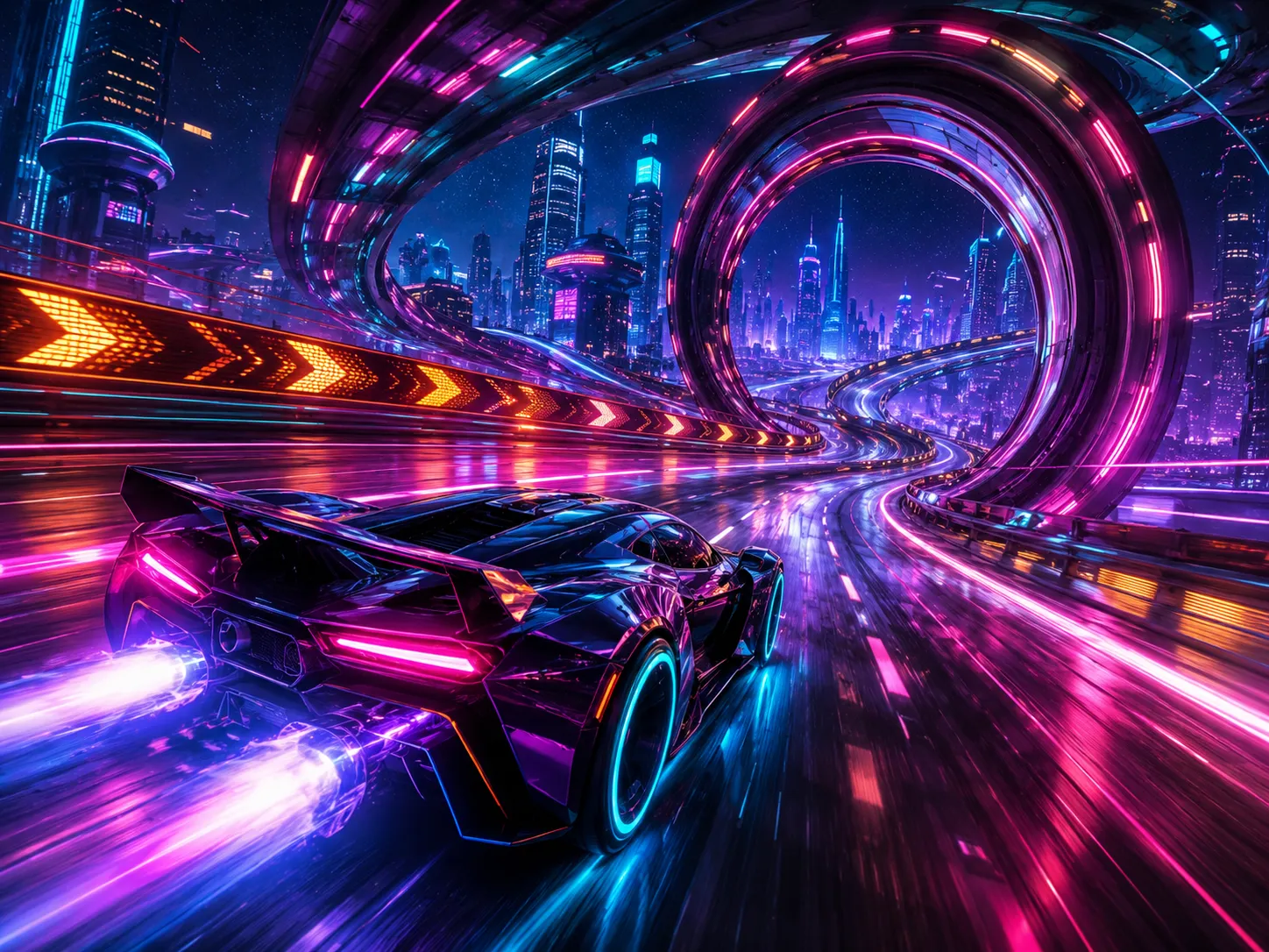 Futurista neon versenyautó városi pályán egérpad