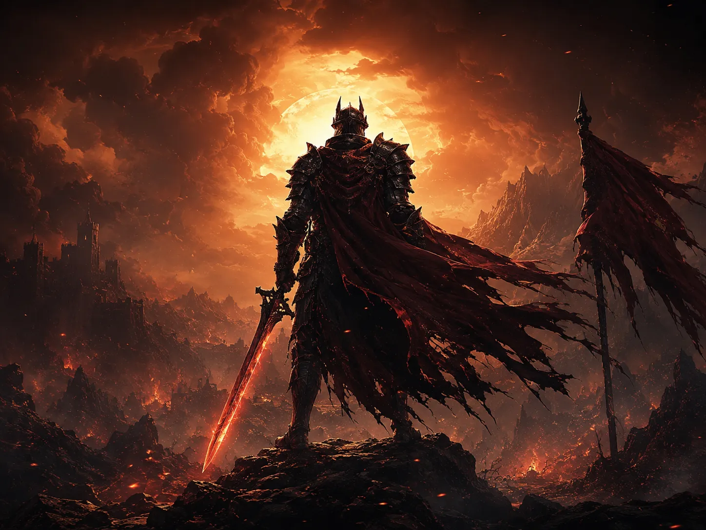 Lángoló kardos sötét lovag fantasy vászonkép egérpad