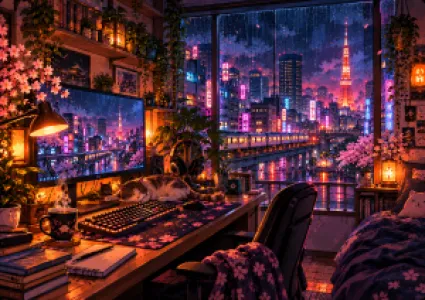 Városi anime gamer munkakörnyezet macskával