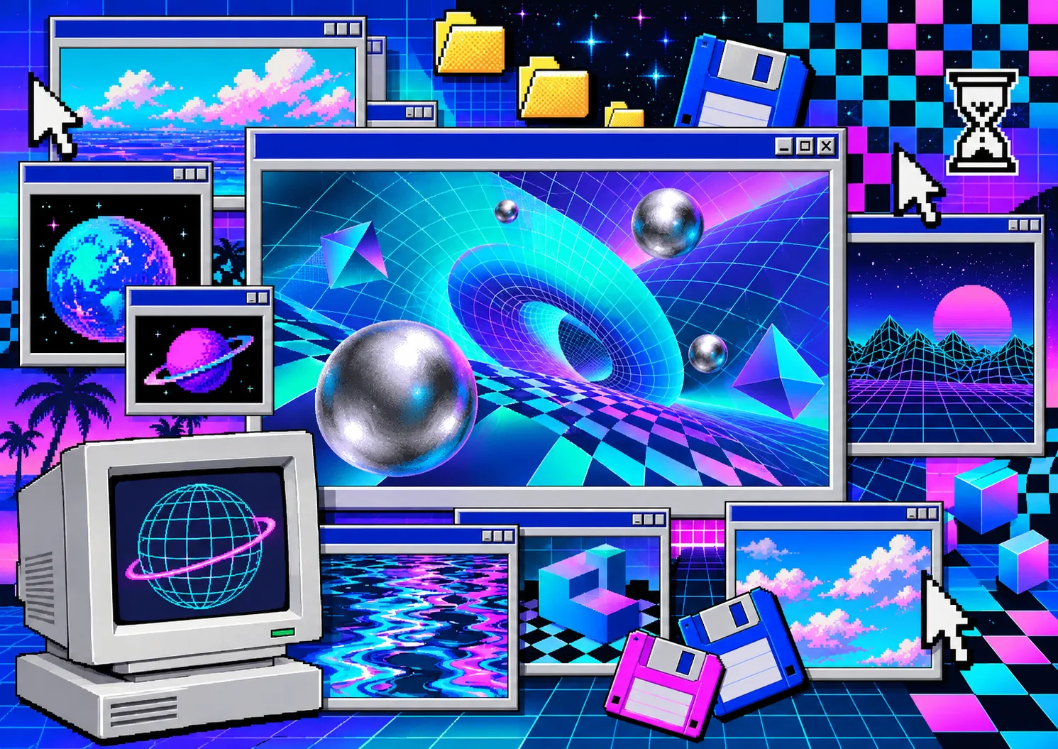Retro futurisztikus vaporwave digitális kollázs poszter