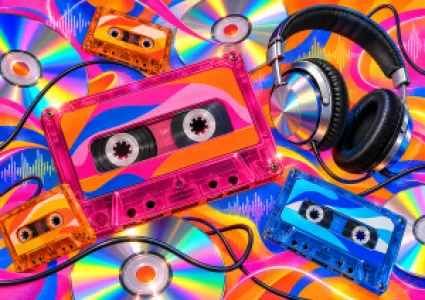 Színes retro kazetták és fejhallgató digitális művészettel
